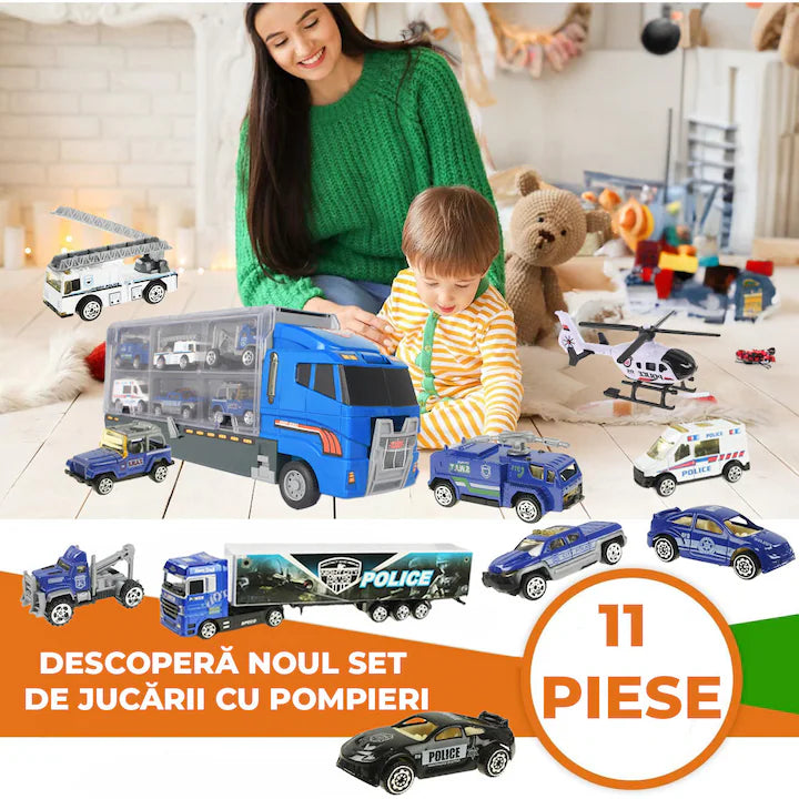 Set camion trailer de jucarie pentru transport politie