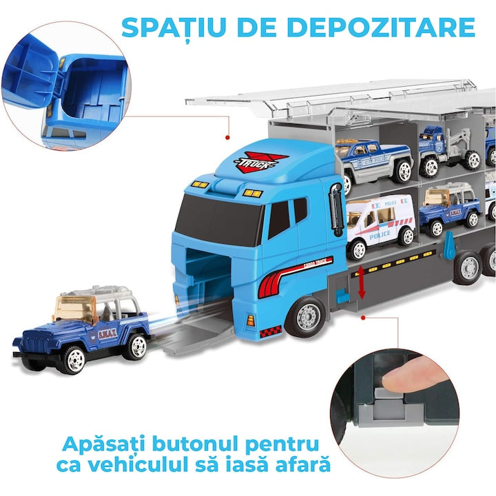 Set camion trailer de jucarie pentru transport politie