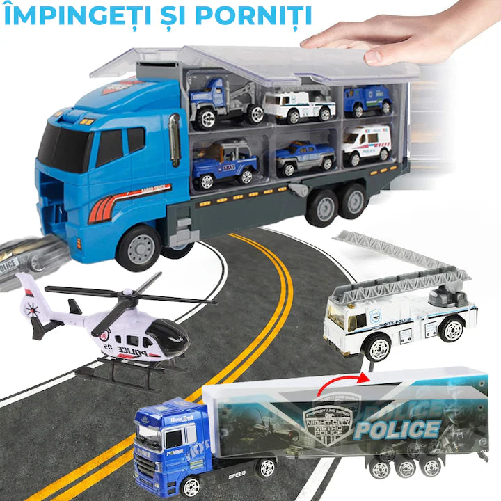 Set camion trailer de jucarie pentru transport politie